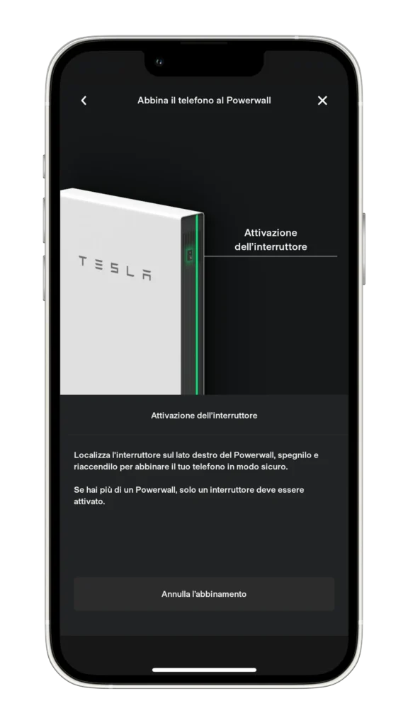 Pagina abbinamento Powerwall App Tesla